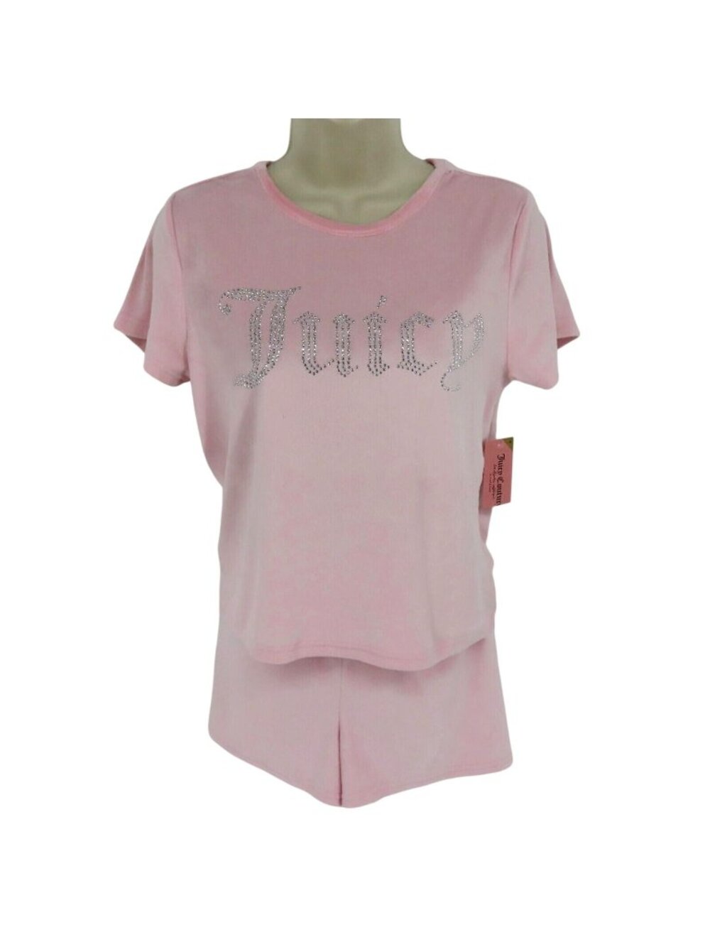 Juicy Couture Women Large Pink Silver Bling Velour Shirt Shorts Pajama Set NEW